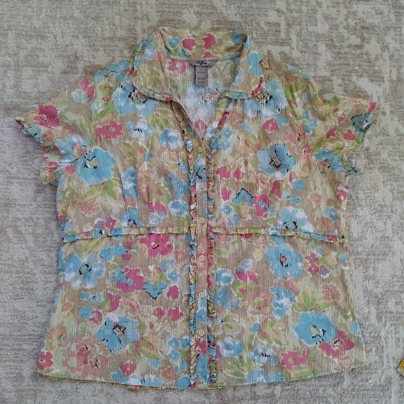 IB Diffusion Floral Ruffle Swiss Dot Button Down Top L Pink Mauve Blue - Picture 13 of 16